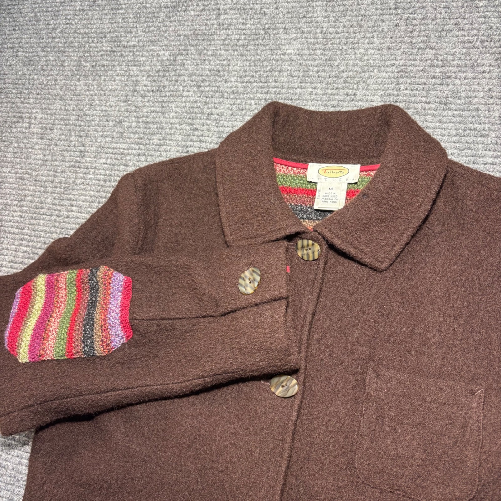Talbots Petites Brown 100% Wool Jacket Striped Elbow Patches Womens Medium M